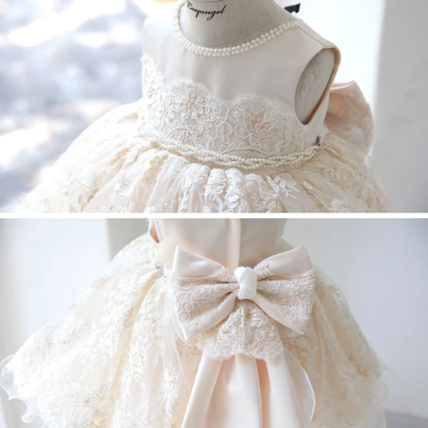 Elegant Champagne Birthday Flower Girl Dresses 2020 Ball Gown Scoop Neck Sleeveless Appliques Lace Beading Sash Short Ruffle Wedding Party Dresses