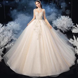 Vintage Originale Champagne Transparentes La Mariée Robe De Mariée 2020 Robe Boule Col Haut Manches Longues Dos Nu Appliques Perlage Glitter Tulle Cathedral Train Volants