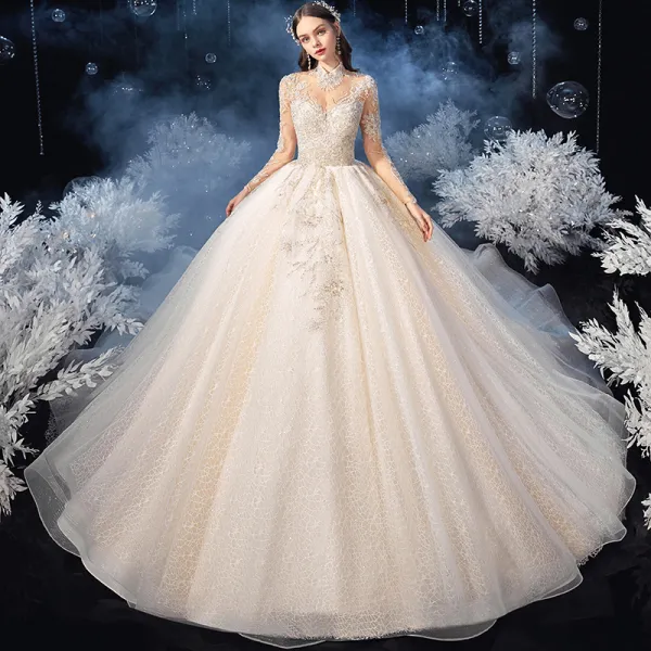 Vintage / Retro Champagne See-through Bridal Wedding Dresses 2020 Ball Gown High Neck Long Sleeve Backless Appliques Beading Glitter Tulle Cathedral Train Ruffle