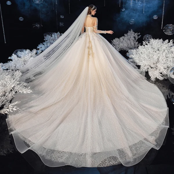 Vintage / Retro Champagne See-through Bridal Wedding Dresses 2020 Ball Gown High Neck Long Sleeve Backless Appliques Beading Glitter Tulle Cathedral Train Ruffle