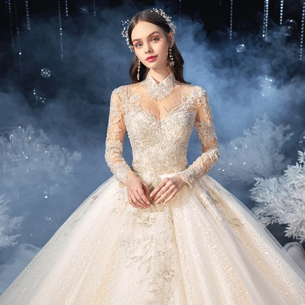 Vintage / Retro Champagne See-through Bridal Wedding Dresses 2020 Ball Gown High Neck Long Sleeve Backless Appliques Beading Glitter Tulle Cathedral Train Ruffle