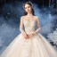 Vintage / Retro Champagne See-through Bridal Wedding Dresses 2020 Ball Gown High Neck Long Sleeve Backless Appliques Beading Glitter Tulle Cathedral Train Ruffle