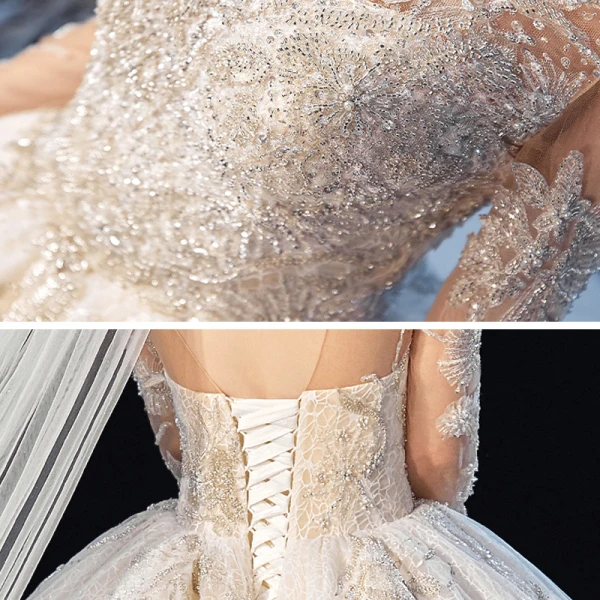 Vintage / Retro Champagne See-through Bridal Wedding Dresses 2020 Ball Gown High Neck Long Sleeve Backless Appliques Beading Glitter Tulle Cathedral Train Ruffle