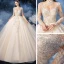 Vintage / Retro Champagne See-through Bridal Wedding Dresses 2020 Ball Gown High Neck Long Sleeve Backless Appliques Beading Glitter Tulle Cathedral Train Ruffle