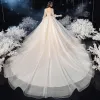 Victorian Style Champagne See-through Bridal Wedding Dresses 2020 Ball Gown High Neck Puffy Long Sleeve Backless Beading Sequins Glitter Tulle Cathedral Train Ruffle