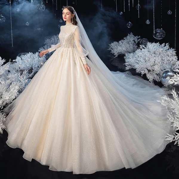 glitter long sleeve wedding dress AGLAJA / Long Puff Sleeves Wedding Dress with Glitter Skirt