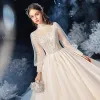 Victorian Style Champagne See-through Bridal Wedding Dresses 2020 Ball Gown High Neck Puffy Long Sleeve Backless Beading Sequins Glitter Tulle Cathedral Train Ruffle