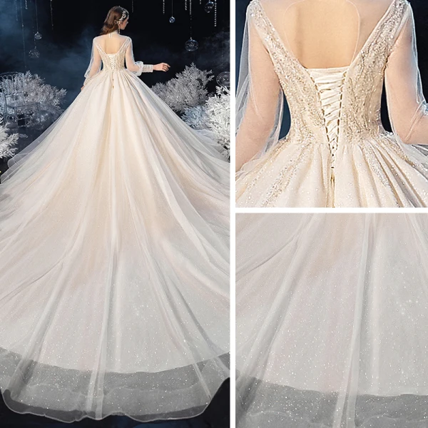 Style Victorien Champagne Transparentes La Mariée Robe De Mariée 2020 Robe Boule Col Haut Gonflée Manches Longues Dos Nu Perlage Paillettes Glitter Tulle Cathedral Train Volants