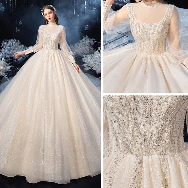 Style Victorien Champagne Transparentes La Mariée Robe De Mariée 2020 Robe Boule Col Haut Gonflée Manches Longues Dos Nu Perlage Paillettes Glitter Tulle Cathedral Train Volants
