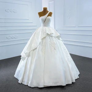 Luxury Gorgeous White Satin Bridal Wedding Dresses 2020 Ball Gown One Shoulder Sleeveless Backless Appliques Lace Handmade Beading Floor Length Long Ruffle