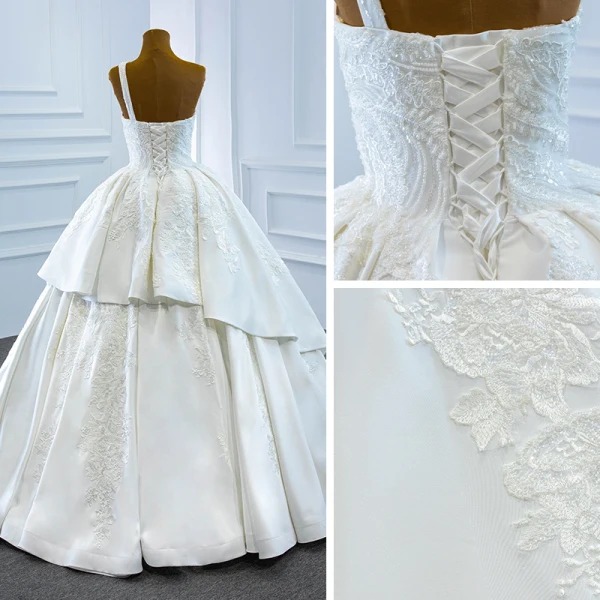 Luxury / Gorgeous White Satin Bridal Wedding Dresses 2020 Ball Gown One-Shoulder Sleeveless Backless Appliques Lace Handmade  Beading Floor-Length / Long Ruffle