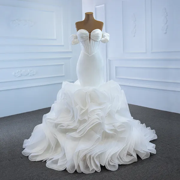 High End Weiß Hochzeits Brautkleider / Hochzeitskleider 2020 Meerjungfrau Herz-Ausschnitt Abnehmbar Kurze Ärmel Rückenfreies Hof-Schleppe Rüschen