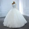 Luksusowe Białe ślubna Suknie Ślubne 2020 Suknia Balowa Jedno Ramię Długie Rękawy Bez Pleców Wykonany Ręcznie Frezowanie Perła Długie Wzburzyć