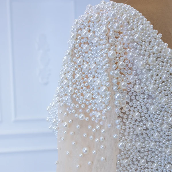 Luxury / Gorgeous White Bridal Wedding Dresses 2020 Ball Gown One-Shoulder Long Sleeve Backless Handmade  Beading Pearl Floor-Length / Long Ruffle