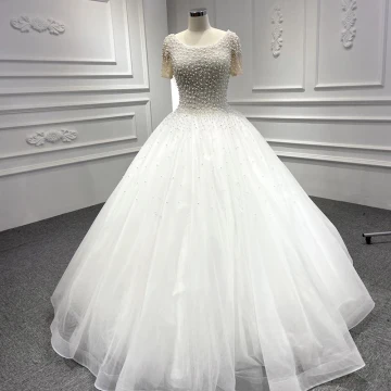 Luxury Gorgeous White Bridal Wedding Dresses 2020 Ball Gown Scoop Neck Short Sleeve Backless Handmade Beading Pearl Floor Length Long Ruffle
