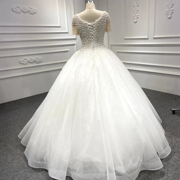 Luxury / Gorgeous White Bridal Wedding Dresses 2020 Ball Gown Scoop Neck Short Sleeve Backless Handmade  Beading Pearl Floor-Length / Long Ruffle