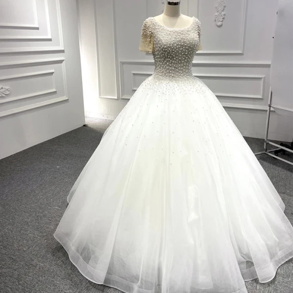 Luxury / Gorgeous White Bridal Wedding Dresses 2020 Ball Gown Scoop Neck Short Sleeve Backless Handmade  Beading Pearl Floor-Length / Long Ruffle