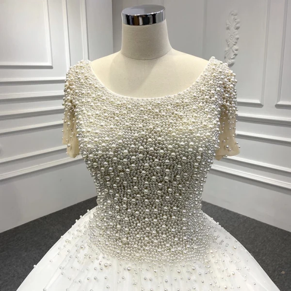 Luxury / Gorgeous White Bridal Wedding Dresses 2020 Ball Gown Scoop Neck Short Sleeve Backless Handmade  Beading Pearl Floor-Length / Long Ruffle