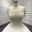 Luxury / Gorgeous White Bridal Wedding Dresses 2020 Ball Gown Scoop Neck Short Sleeve Backless Handmade  Beading Pearl Floor-Length / Long Ruffle