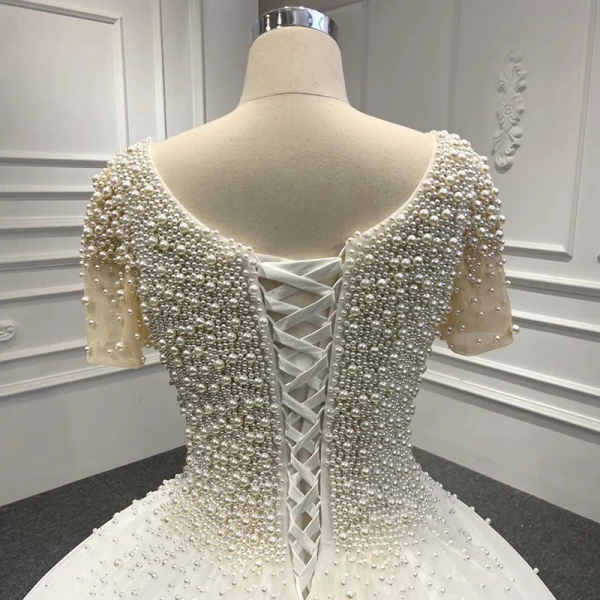 Luxury / Gorgeous White Bridal Wedding Dresses 2020 Ball Gown Scoop Neck Short Sleeve Backless Handmade  Beading Pearl Floor-Length / Long Ruffle