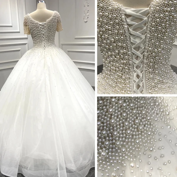 Luxury / Gorgeous White Bridal Wedding Dresses 2020 Ball Gown Scoop Neck Short Sleeve Backless Handmade  Beading Pearl Floor-Length / Long Ruffle