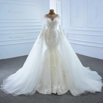 Luxe Blanche La Mariée Robe De Mariée 2020 Robe Boule Transparentes Encolure Dégagée Manches Longues Appliques En Dentelle Perlage Perle Détachable Chapel Train Volants