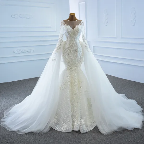 Luxury / Gorgeous White Bridal Wedding Dresses 2020 Ball Gown See-through Scoop Neck Long Sleeve Appliques Lace Beading Pearl Detachable Chapel Train Ruffle
