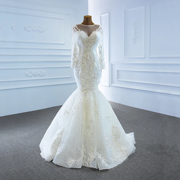 Luxe Blanche La Mariée Robe De Mariée 2020 Robe Boule Transparentes Encolure Dégagée Manches Longues Appliques En Dentelle Perlage Perle Détachable Chapel Train Volants