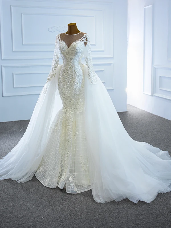 Luxe Blanche La Mariée Robe De Mariée 2020 Robe Boule Transparentes Encolure Dégagée Manches Longues Appliques En Dentelle Perlage Perle Détachable Chapel Train Volants