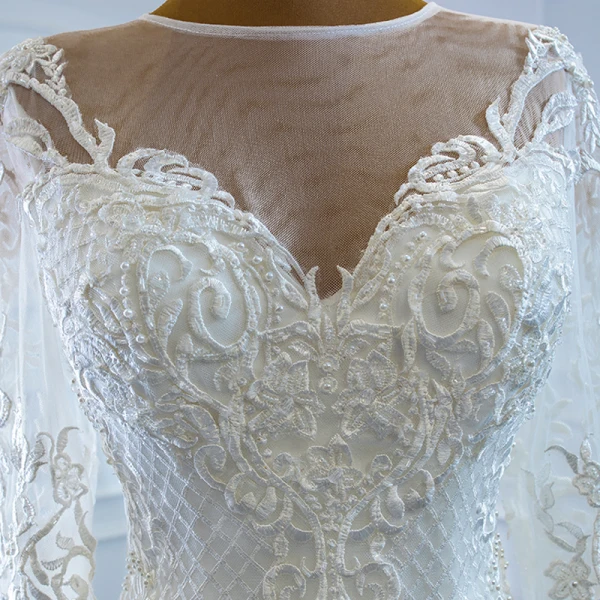 Luxe Blanche La Mariée Robe De Mariée 2020 Robe Boule Transparentes Encolure Dégagée Manches Longues Appliques En Dentelle Perlage Perle Détachable Chapel Train Volants