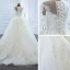 Luxe Blanche La Mariée Robe De Mariée 2020 Robe Boule Transparentes Encolure Dégagée Manches Longues Appliques En Dentelle Perlage Perle Détachable Chapel Train Volants