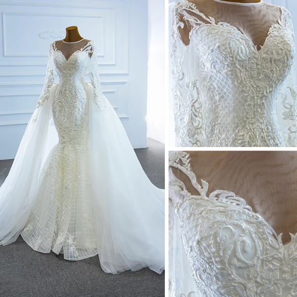 Luxe Blanche La Mariée Robe De Mariée 2020 Robe Boule Transparentes Encolure Dégagée Manches Longues Appliques En Dentelle Perlage Perle Détachable Chapel Train Volants