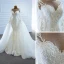Luxe Blanche La Mariée Robe De Mariée 2020 Robe Boule Transparentes Encolure Dégagée Manches Longues Appliques En Dentelle Perlage Perle Détachable Chapel Train Volants