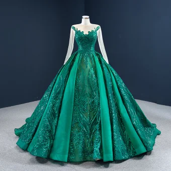 Luxe Vert Foncé Transparentes Robe De Bal 2020 Robe Boule Encolure Dégagée Manches Longues Appliques Paillettes Tribunal Train Volants Robe De Ceremonie
