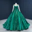 Luxury / Gorgeous Dark Green See-through Prom Dresses 2020 Ball Gown Scoop Neck Long Sleeve Appliques Sequins Court Train Ruffle Formal Dresses