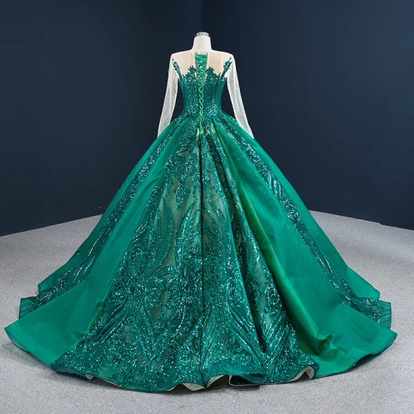 Luxury / Gorgeous Dark Green See-through Prom Dresses 2020 Ball Gown Scoop Neck Long Sleeve Appliques Sequins Court Train Ruffle Formal Dresses