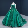 Luxury / Gorgeous Dark Green See-through Prom Dresses 2020 Ball Gown Scoop Neck Long Sleeve Appliques Sequins Court Train Ruffle Formal Dresses