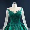 Luxury / Gorgeous Dark Green See-through Prom Dresses 2020 Ball Gown Scoop Neck Long Sleeve Appliques Sequins Court Train Ruffle Formal Dresses