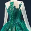 Luxury / Gorgeous Dark Green See-through Prom Dresses 2020 Ball Gown Scoop Neck Long Sleeve Appliques Sequins Court Train Ruffle Formal Dresses