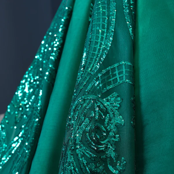 Luxury / Gorgeous Dark Green See-through Prom Dresses 2020 Ball Gown Scoop Neck Long Sleeve Appliques Sequins Court Train Ruffle Formal Dresses