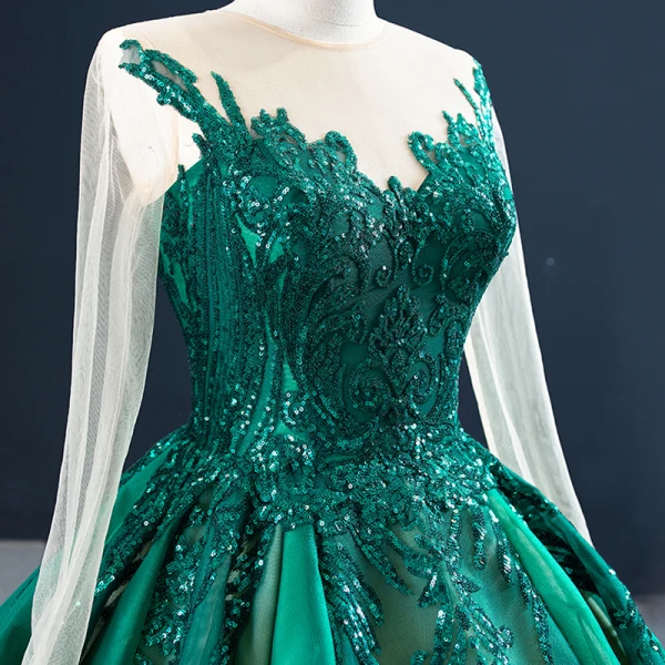 Luxury / Gorgeous Dark Green See-through Prom Dresses 2020 Ball Gown Scoop Neck Long Sleeve Appliques Sequins Court Train Ruffle Formal Dresses