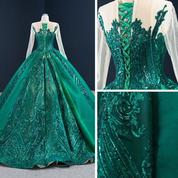 Luxury / Gorgeous Dark Green See-through Prom Dresses 2020 Ball Gown Scoop Neck Long Sleeve Appliques Sequins Court Train Ruffle Formal Dresses