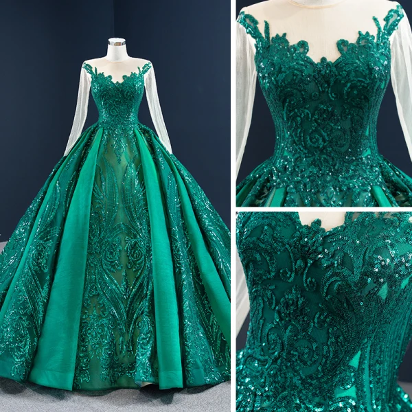Luxury / Gorgeous Dark Green See-through Prom Dresses 2020 Ball Gown Scoop Neck Long Sleeve Appliques Sequins Court Train Ruffle Formal Dresses
