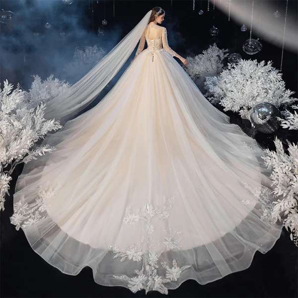 Romantique Champagne La Mariée Robe De Mariée 2020 Robe Boule Transparentes Col Haut 3/4 Manches Dos Nu Appliques En Dentelle Perlage Glitter Tulle Cathedral Train Volants