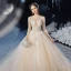 Romantique Champagne La Mariée Robe De Mariée 2020 Robe Boule Transparentes Col Haut 3/4 Manches Dos Nu Appliques En Dentelle Perlage Glitter Tulle Cathedral Train Volants