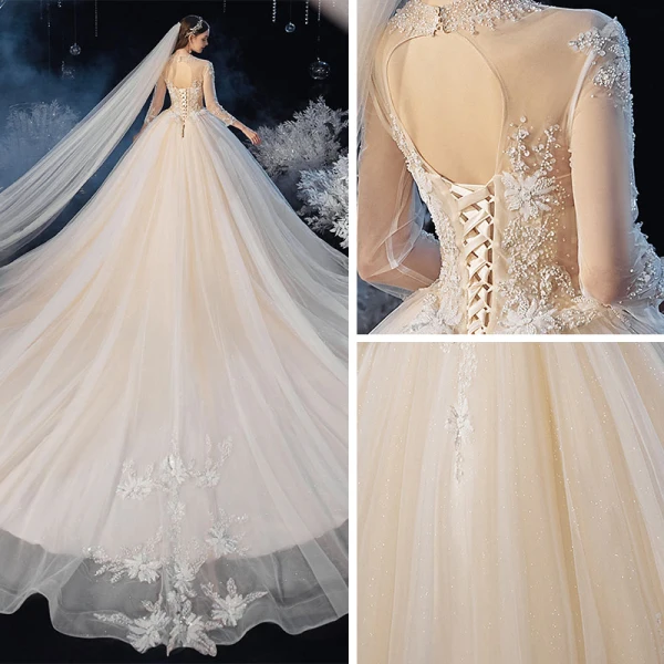 Romantique Champagne La Mariée Robe De Mariée 2020 Robe Boule Transparentes Col Haut 3/4 Manches Dos Nu Appliques En Dentelle Perlage Glitter Tulle Cathedral Train Volants