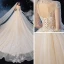 Romantique Champagne La Mariée Robe De Mariée 2020 Robe Boule Transparentes Col Haut 3/4 Manches Dos Nu Appliques En Dentelle Perlage Glitter Tulle Cathedral Train Volants