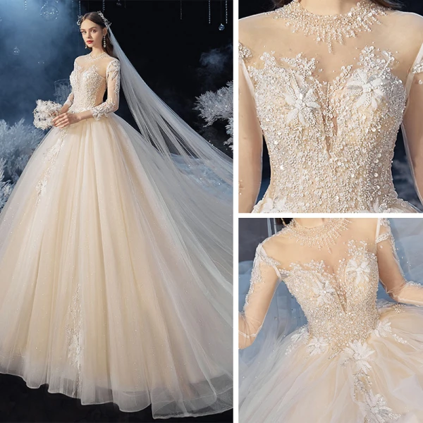 Romantique Champagne La Mariée Robe De Mariée 2020 Robe Boule Transparentes Col Haut 3/4 Manches Dos Nu Appliques En Dentelle Perlage Glitter Tulle Cathedral Train Volants