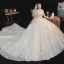 Vintage / Retro Champagne See-through Bridal Wedding Dresses 2020 Ball Gown High Neck Long Sleeve Glitter Appliques Lace Cathedral Train Ruffle