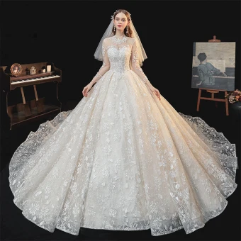 Vintage Originale Champagne Transparentes La Mariée Robe De Mariée 2020 Robe Boule Col Haut Manches Longues Glitter Appliques En Dentelle Cathedral Train Volants